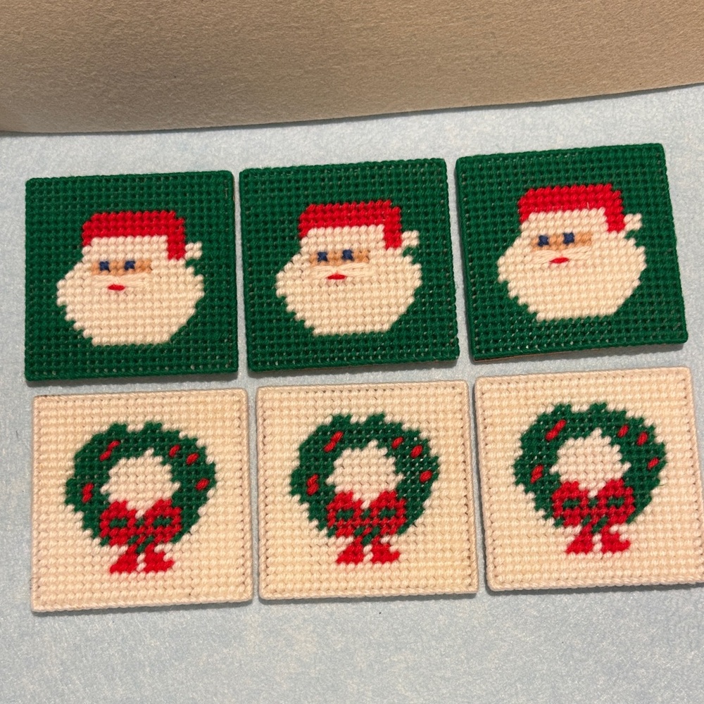 Vintage handmade Christmas Cross-Stitch Coasters Set